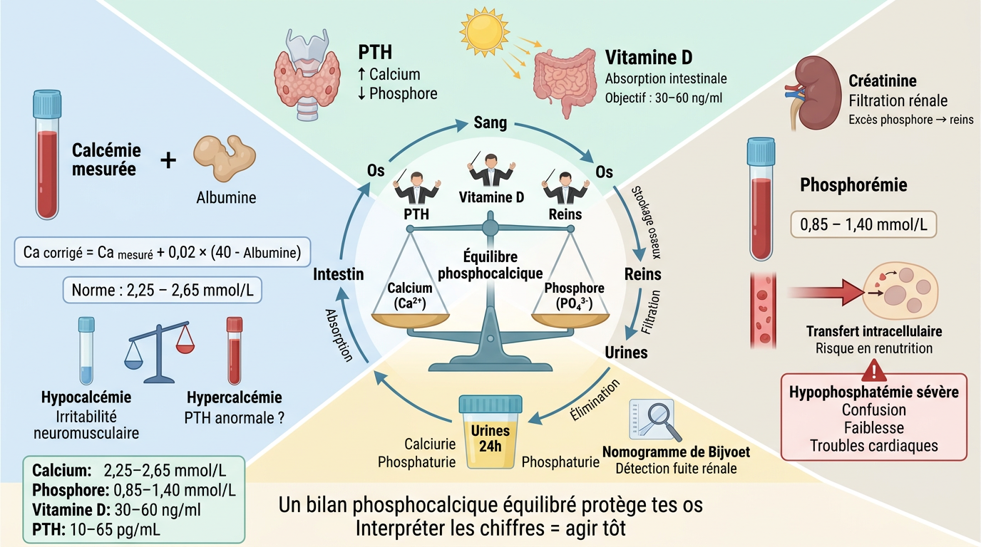 infographie : Bilan phosphocalcique paramètres mesurés et interprétation des résultats!