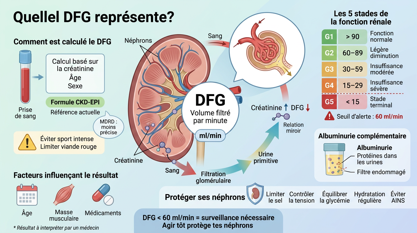 infographie : DFG prise de sang comprendre le débit de filtration glomérulaire