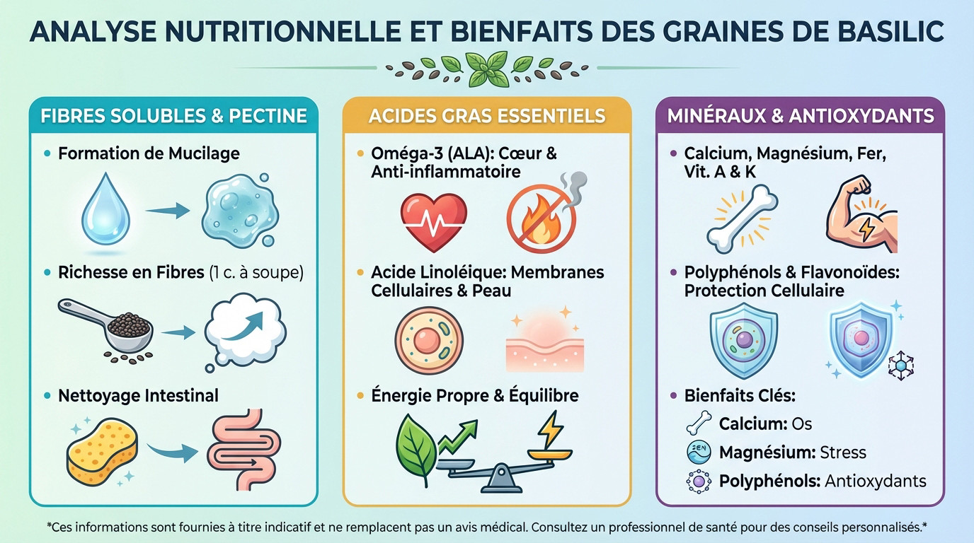 Cuill&egrave;re de graines de basilic s&egrave;ches et hydrat&eacute;es montrant le mucilage