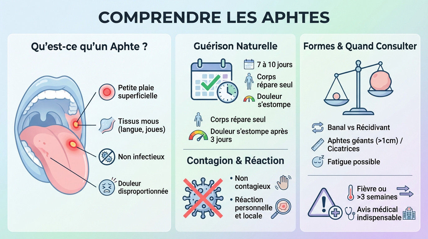 Sch&eacute;ma explicatif de la formation et de la gu&eacute;rison d'un aphte buccal