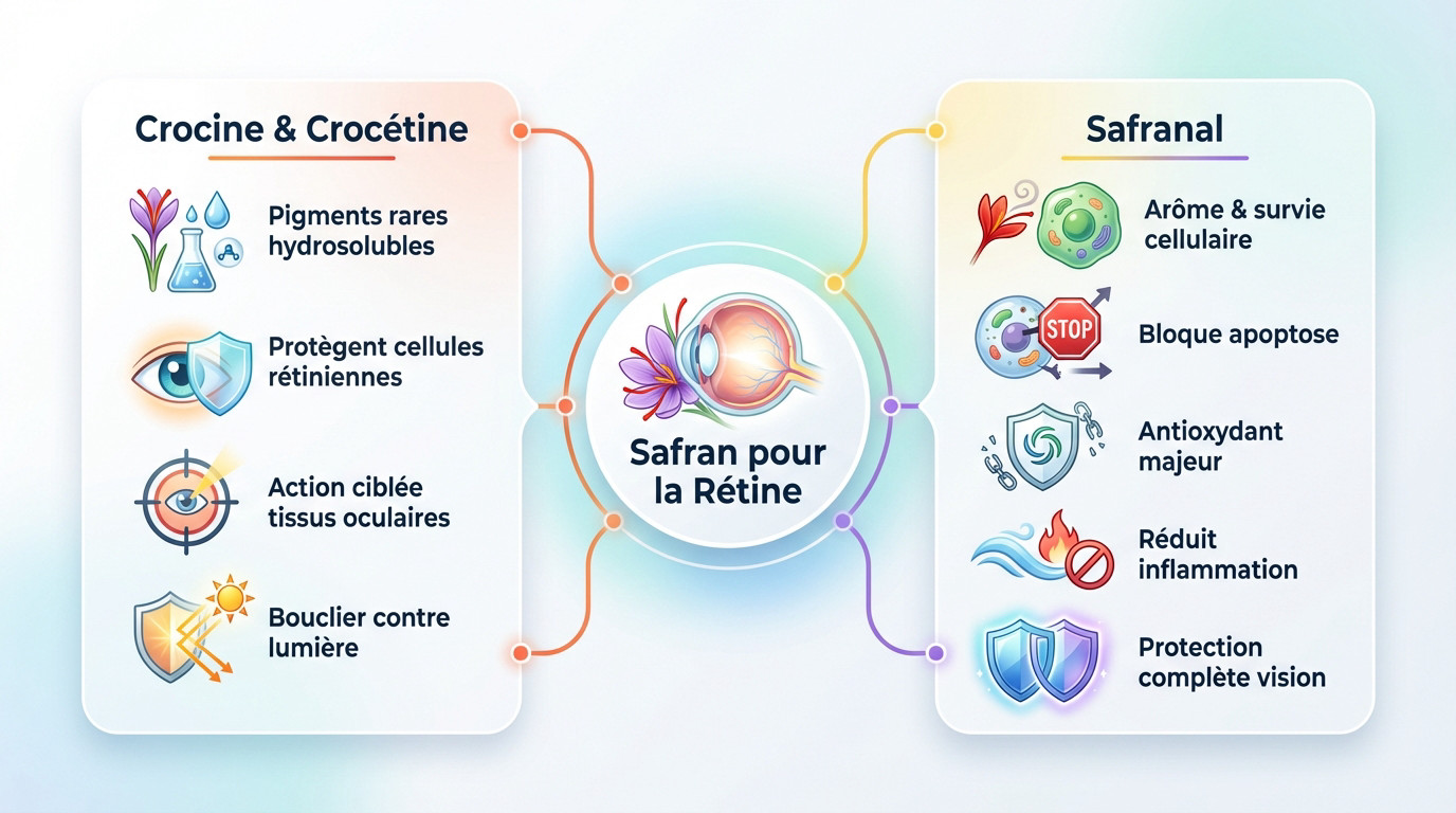Infographie détaillant les bienfaits des molécules du safran pour la protection de la rétine