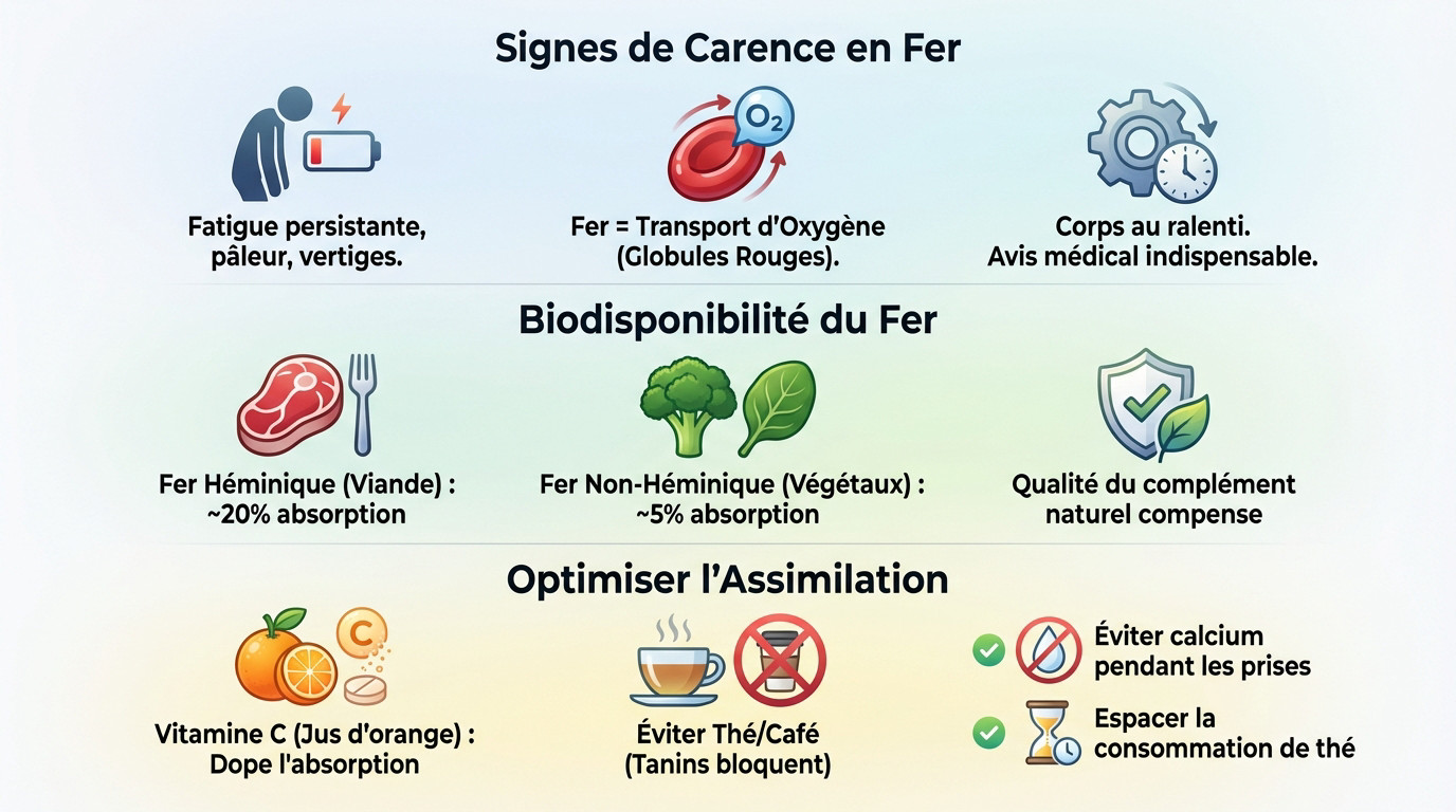 Infographie sur les sources alimentaires de fer et leur absorption par l'organisme