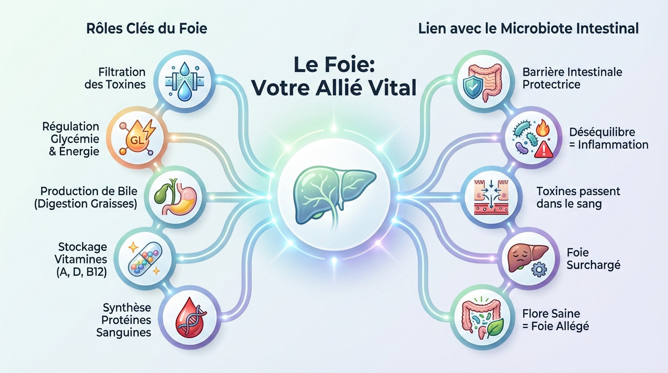 Schéma anatomique montrant le foie comme organe central de filtration et de détoxification