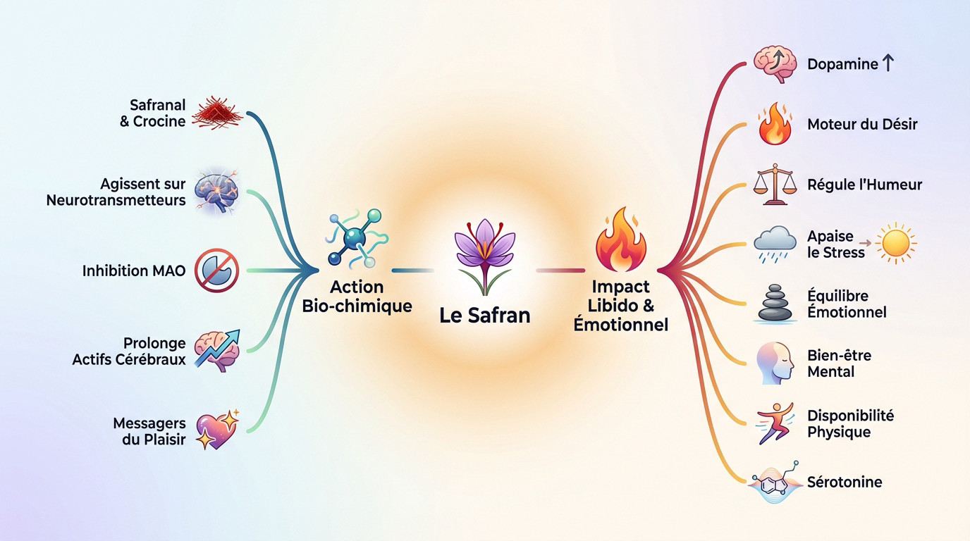 Schéma explicatif de l'action biochimique du safran sur la libido et l'équilibre émotionnel
