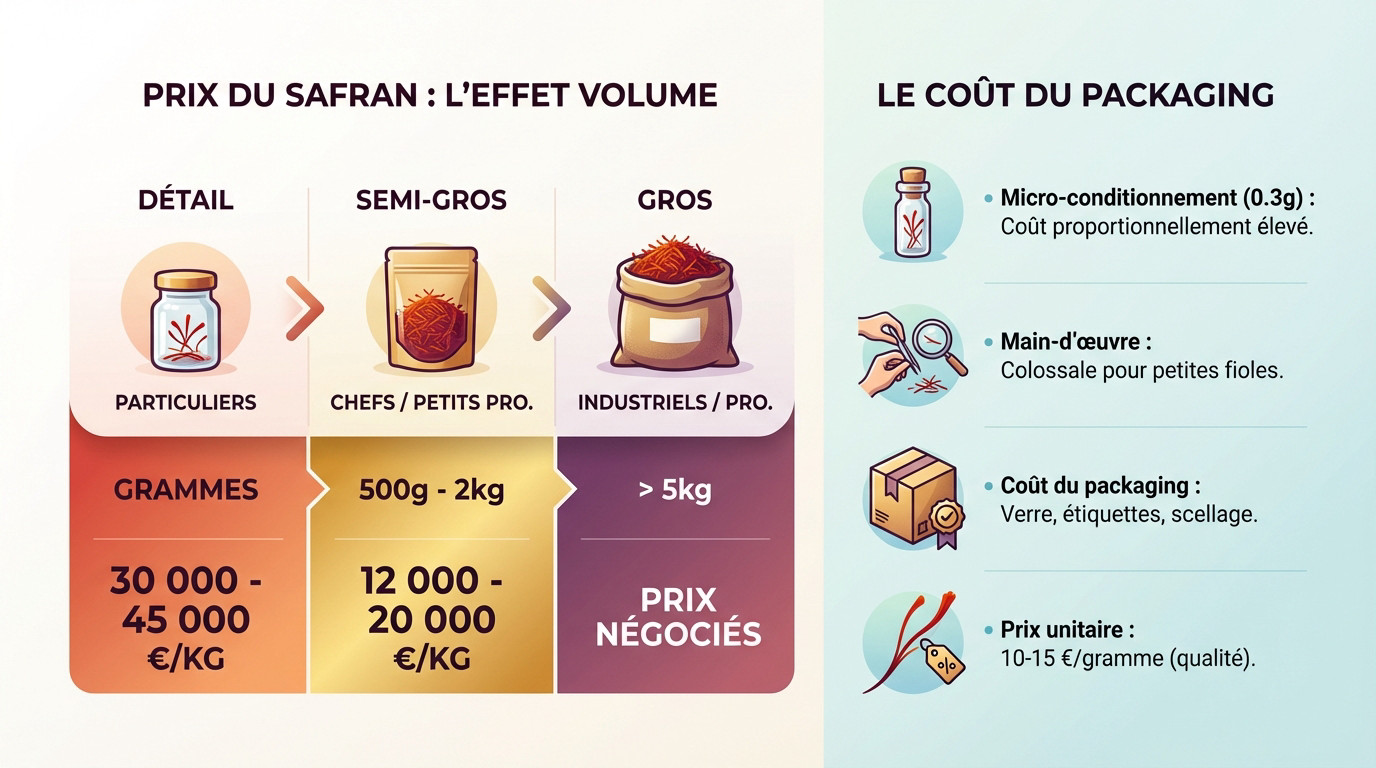 Graphique montrant la variation du prix du safran au kilo selon le volume achet&eacute; et l'impact du packaging