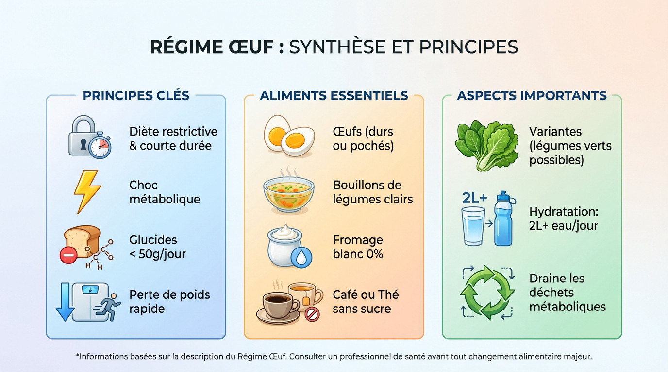 Synth&egrave;se des principes du r&eacute;gime &oelig;uf et aliments autoris&eacute;s