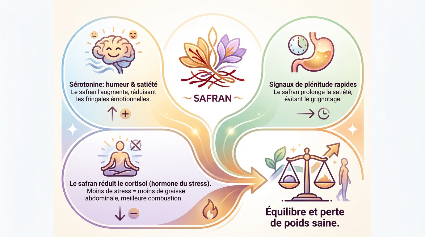 Schéma illustrant l'action du safran sur la sérotonine, la satiété et le cortisol pour la perte de poids