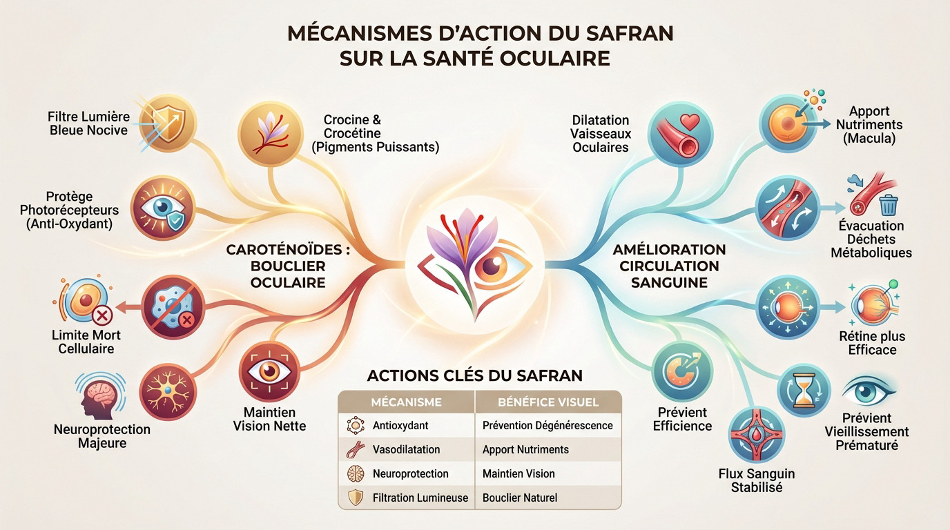 Schéma des mécanismes d'action du safran sur la rétine et la circulation oculaire