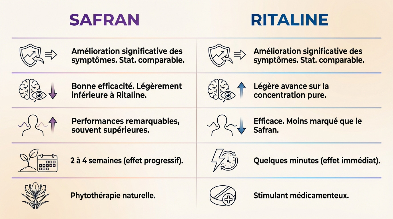 Comparaison efficacité safran vs ritaline pour le traitement du TDAH chez l'enfant