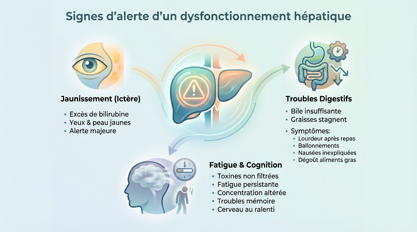 Schéma illustrant les symptômes maladie foie : jaunisse, douleurs abdominales et fatigue