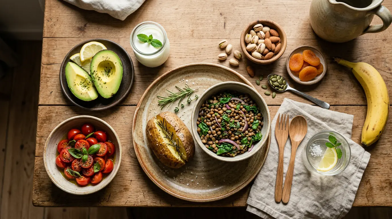 Table de cuisine avec un repas équilibré, incluant des aliments riches en potassium comme une pomme de terre, lentilles, avocat et banane.