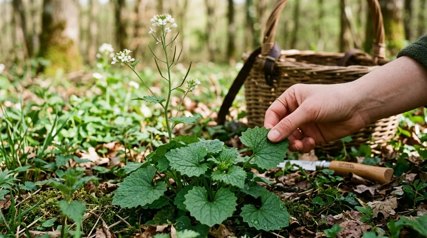 Alliaire avec ses feuilles en rosette, fleurs blanches et main vérifiant l'odeur, dans un cadre naturel de printemps.