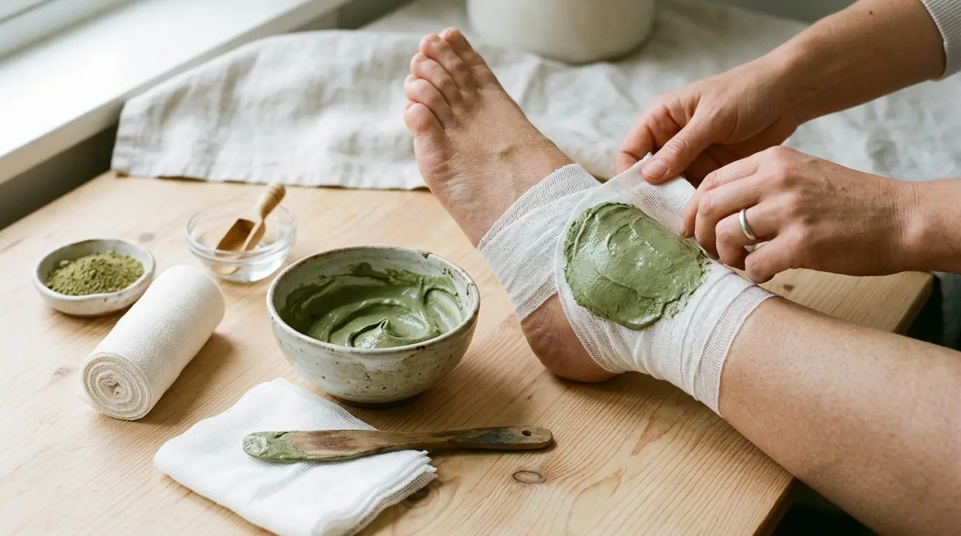 Argile verte cataplasme appliqué sur une cheville, avec un bol de pâte d'argile et des outils de soin sur une surface en bois.
