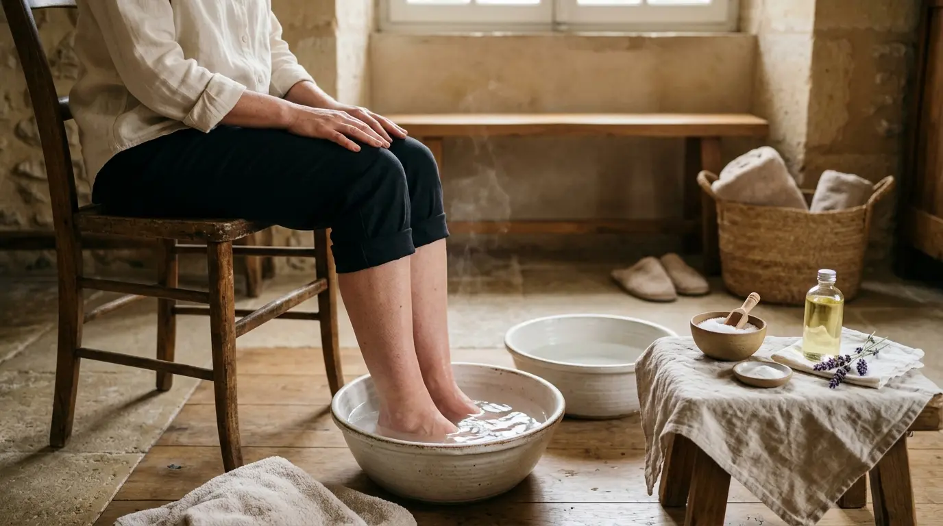 Personne se relaxant en bains de pieds circulation dans un bassin d'eau tiède, avec Epsom salt et huiles essentielles.