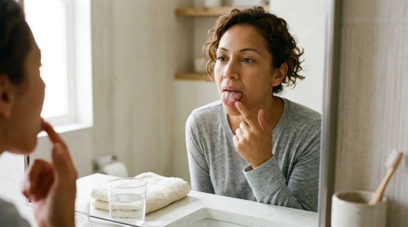 Adultes observant des boutons sur la langue dans un miroir, expression calme, contexte de soins bucco-dentaires apaisant.