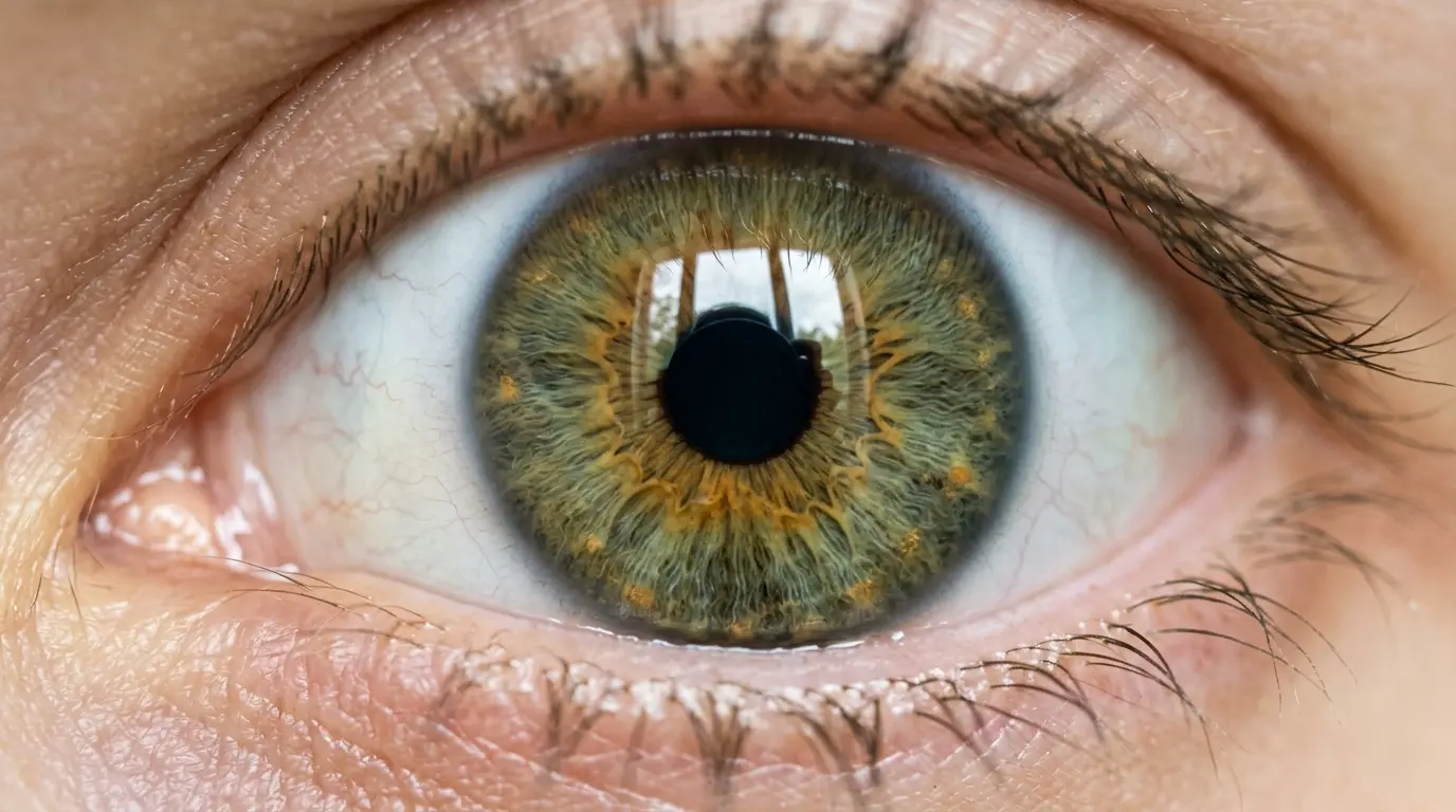 Iris humain en gros plan révélant des couleurs yeux complexes, nuances noisette-vert et reflets ambre sous la lumière naturelle.