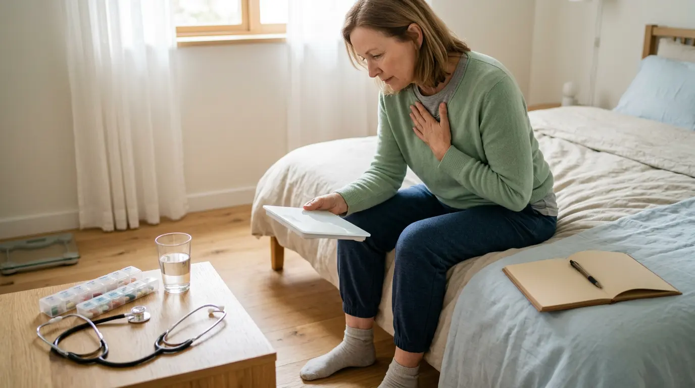 Adult assis sur le bord du lit, main sur la poitrine, illustrant la décompensation cardiaque dans un intérieur apaisant.