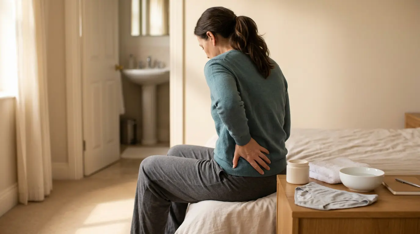 Couverture de blog illustrant la démangeaison anale, figure calme en loungewear, objets de soin sur une table, ambiance apaisante.