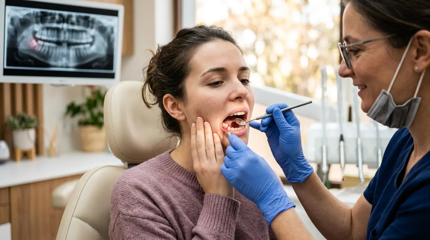 Jeune adulte en clinique dentaire, se tenant la mâchoire, ressentant une dent de sagesses douleur, dentiste examinant la zone.