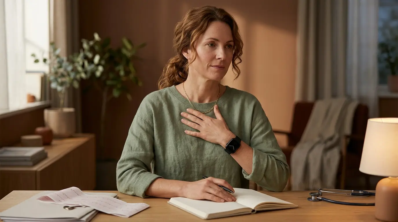 Adult détendu au bureau, main sur la poitrine, illustrant l'extrasystole auriculaire dans un contexte apaisant.