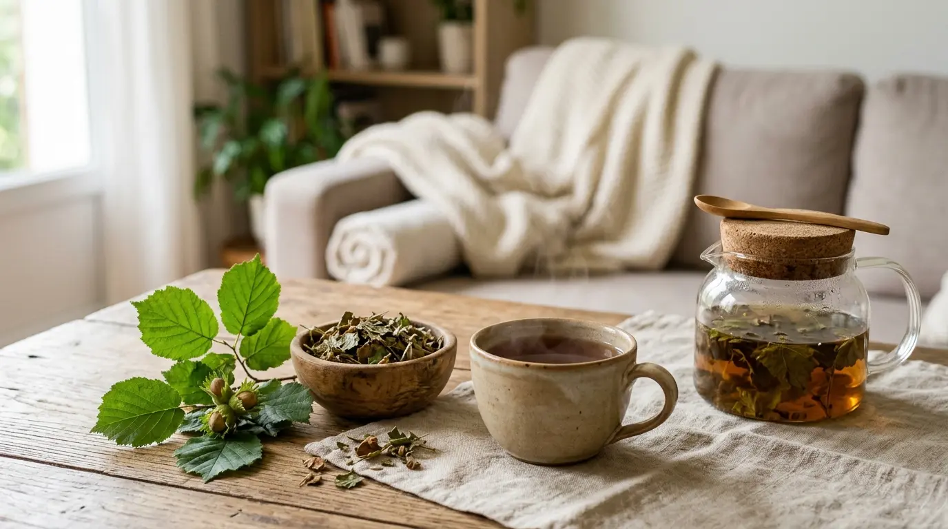 Couverture d'article avec des feuilles de noisetier, une tasse de tisane et un bol de feuilles séchées sur une table en cuisine.