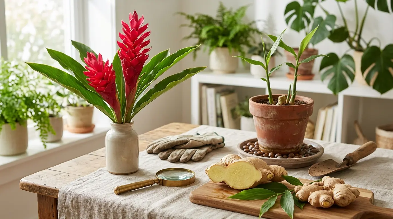 Tableau botanique présentant une fleur de gingembre ornementale et un rhizome de gingembre culinaire sur une table en bois.