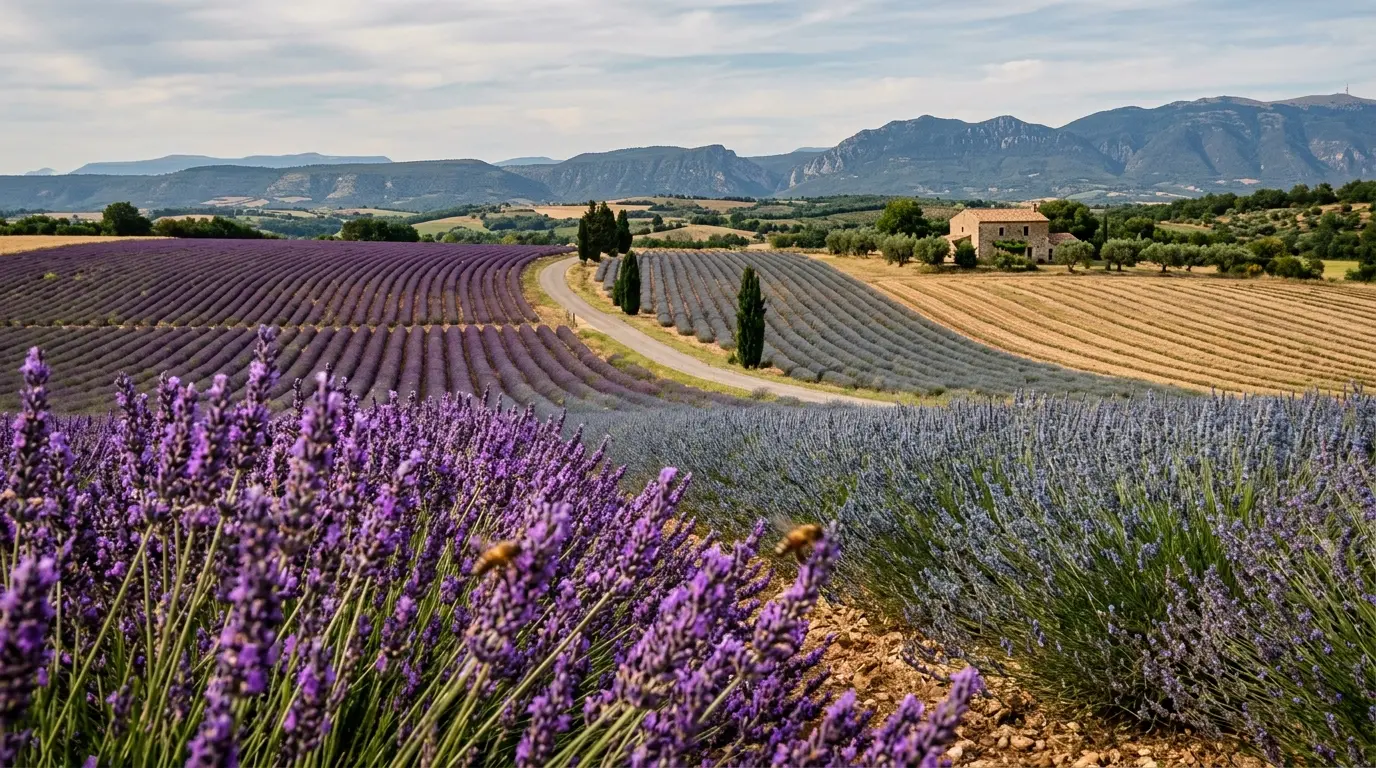Panorama de champs de floraison lavande en Provence, avec des nuances de violet, bleu et stubble, sous un ciel ensoleillé.