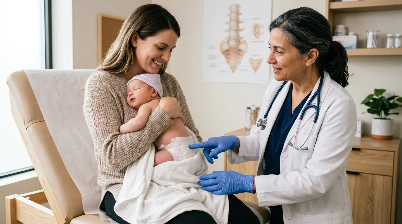 Consultation pédiatrique apaisante sur la fossette sacro coccygienne d'un nouveau-né, médecin attentif et parent serein.