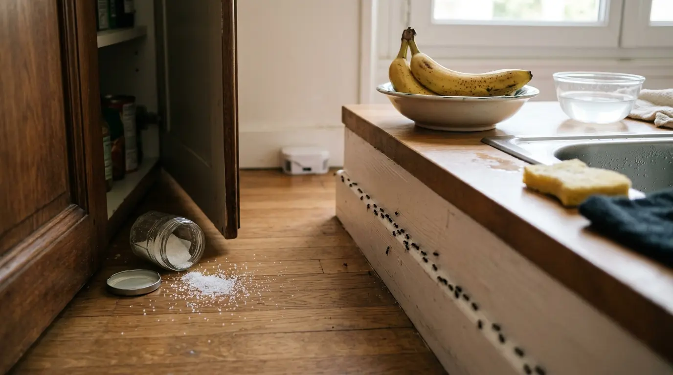 Fourmi dans la maison : une ligne de petites fourmis noires sur un plinthe blanche, attirées par des miettes de sucre.