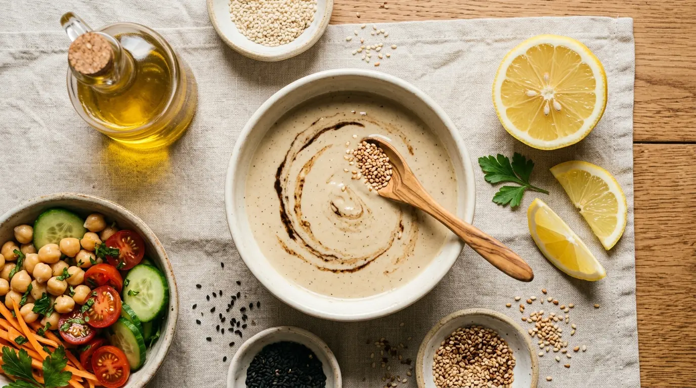 Bols de tahini, graines de sésame bienfaits, citron, et salade croquante sur une nappe en lin naturel.