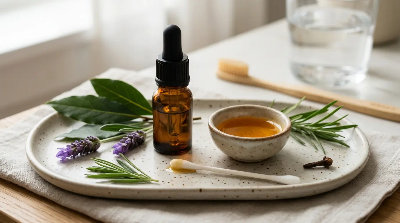 Bouteille d'huile essentielle pour aphte, coton-tige, huile de calendula et ingrédients botaniques sur un plateau en céramique.