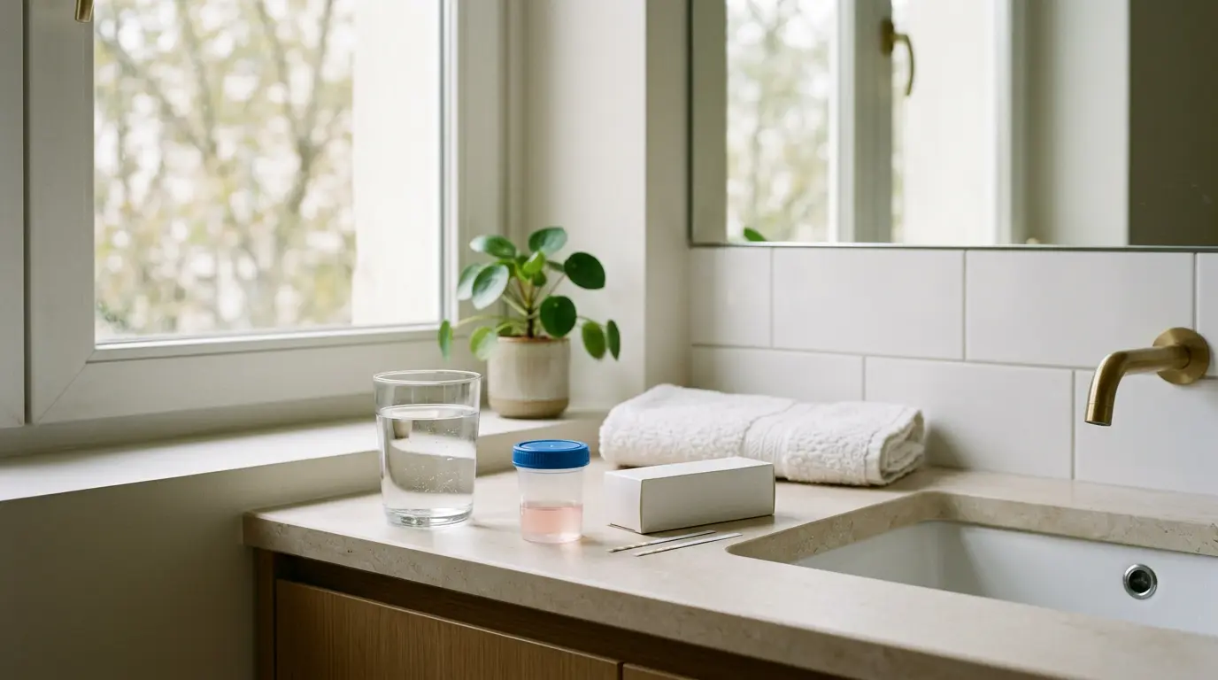 Scène apaisante d'une salle de bain avec échantillon d'urine, évoquant l'infection urinaire sang et le bien-être.