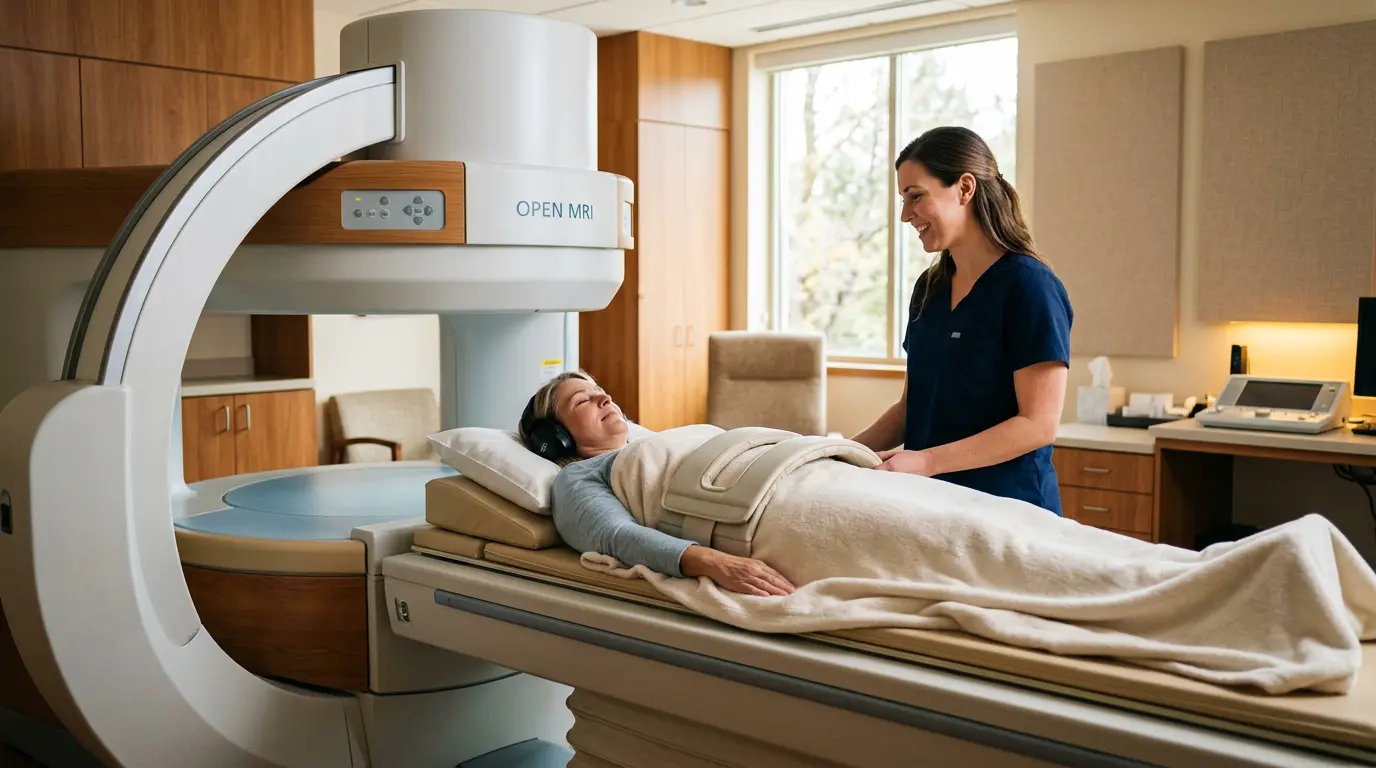 Scène photoréaliste d'une clinique de radiologie moderne avec un irm champ ouvert, patient détendu sur la table d'examen.