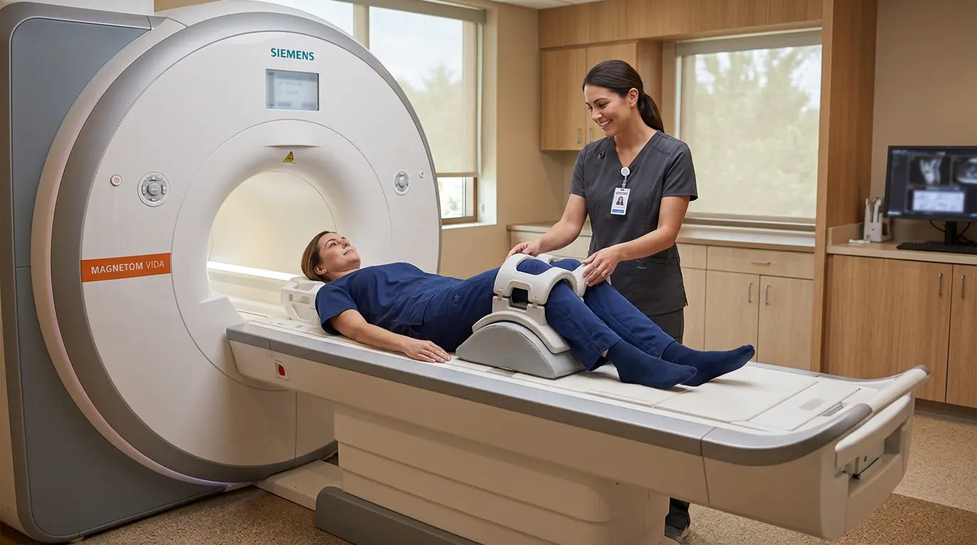 Patient sur une table IRM du genou, confortablement positionné, entouré d'un environnement médical apaisant.