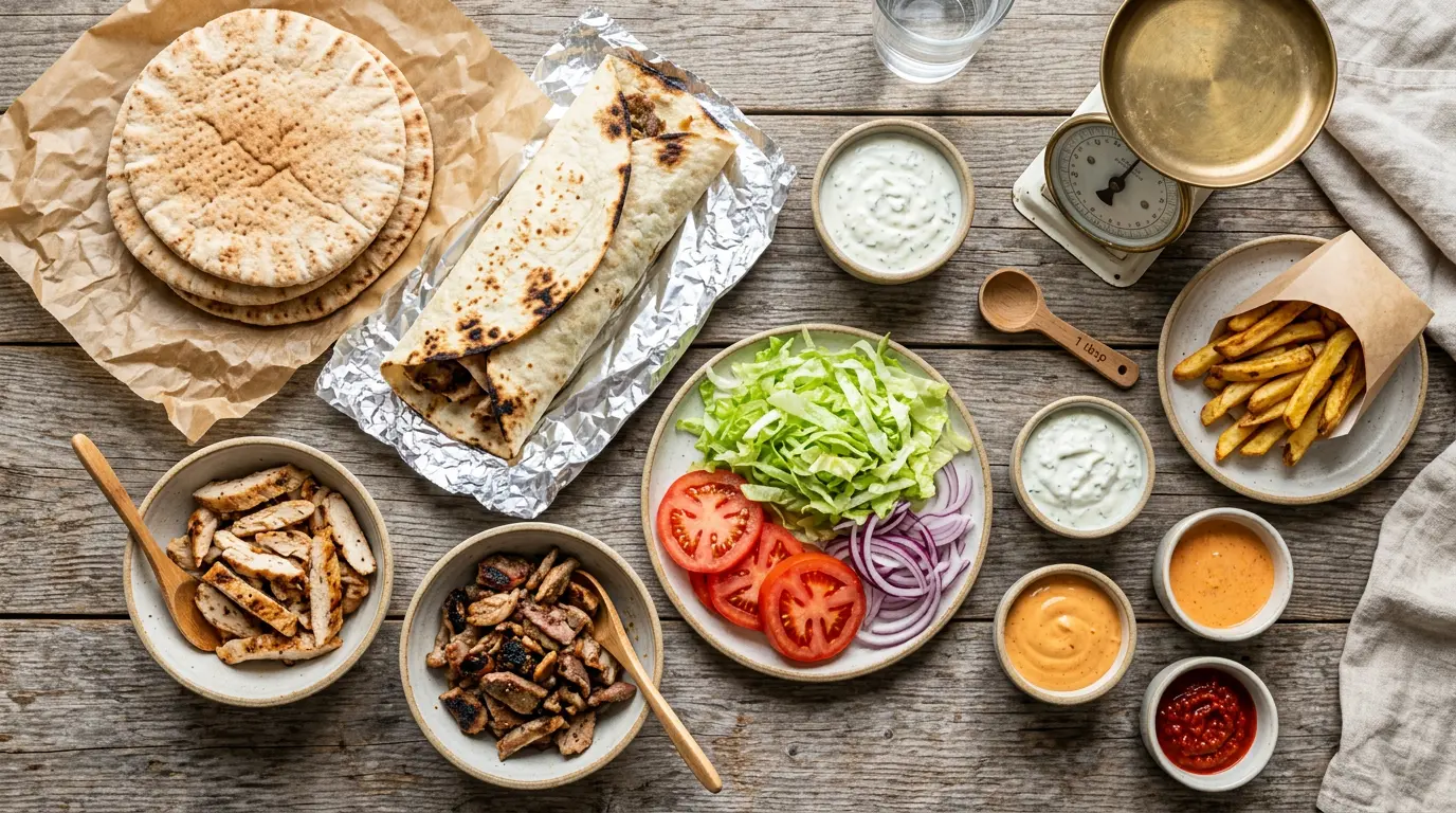 Kebab calorie : plat décomposé avec pita, wraps, viandes grillées, crudités, frites et sauces sur une table en bois.