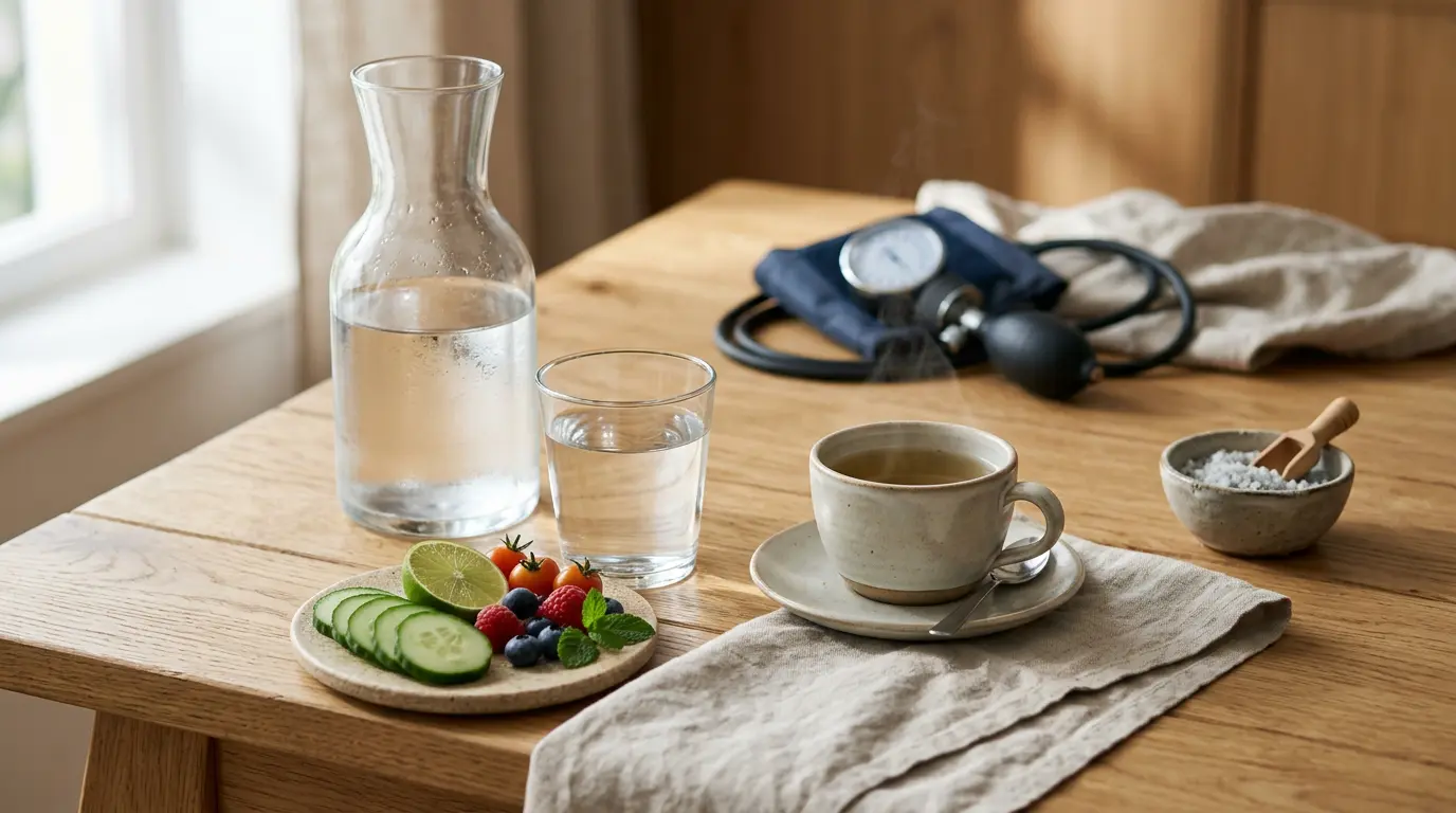 Calme composition de bien-être avec eau, infusion, fruits frais et éléments médicaux suggérant un nettoyage reins doux.