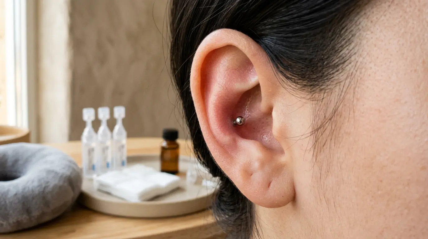 Conch piercing sur une oreille avec un bijou en titane, légère rougeur et kit de soins en arrière-plan.