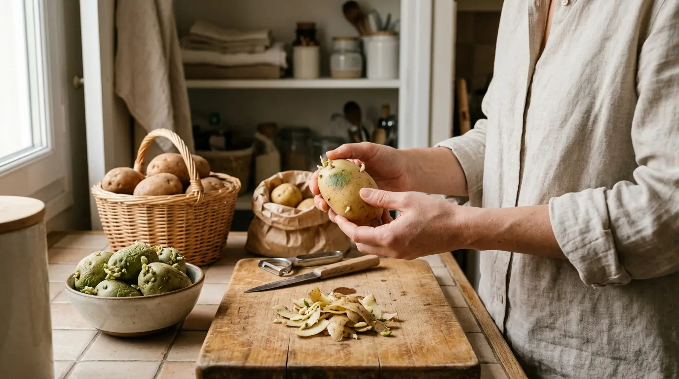 Pomme de terre germée tenue à la main, avec des pousses et un patch vert, entourée d'ustensiles de cuisine et d'autres pommes de terre.