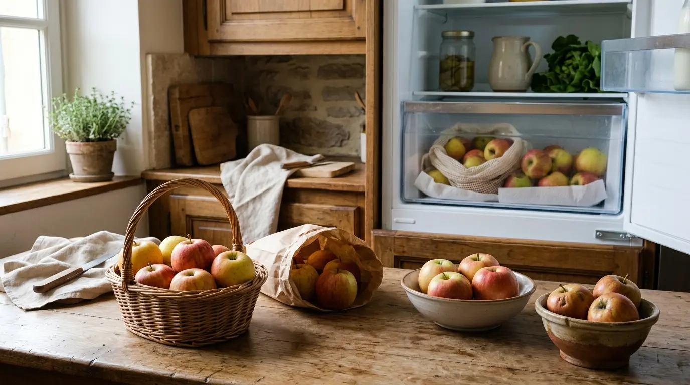 Still life de pommes comment les conserver : panier en osier avec pommes croquantes, sac en papier pour ventilation, tiroir réfrigérateur avec pommes.