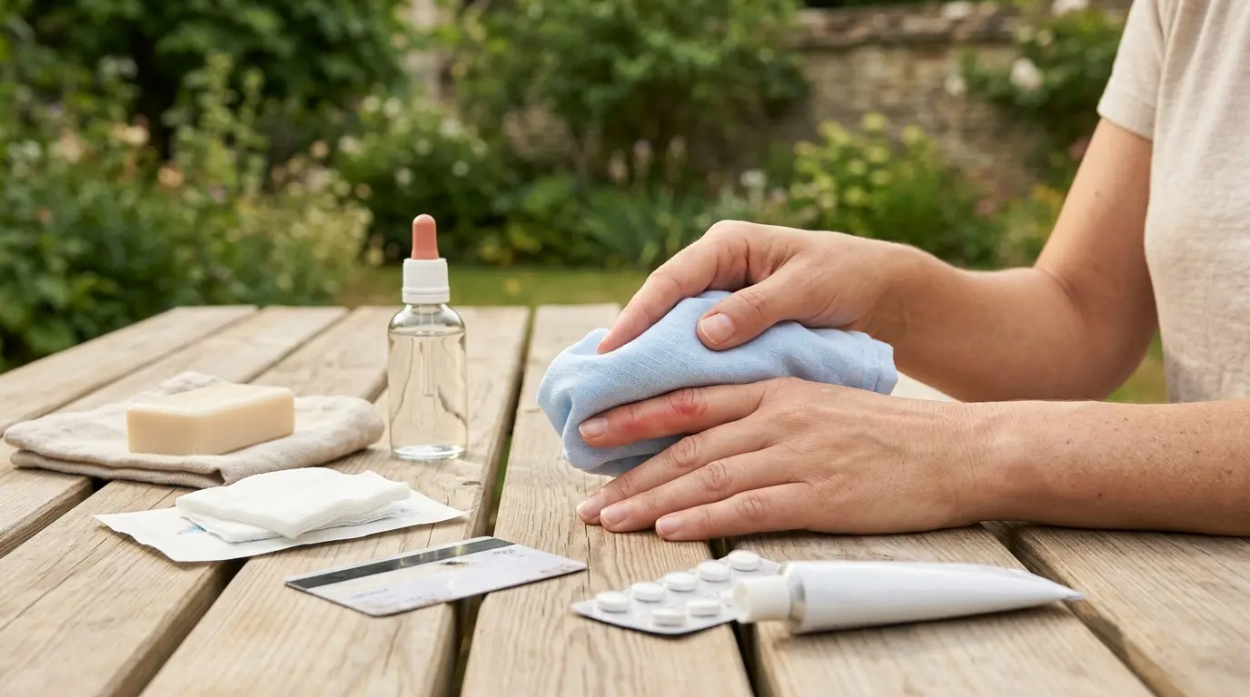 Main appliquant un compress froid sur une piqure de guêpe, avec des fournitures de premiers secours sur une table de pique-nique.