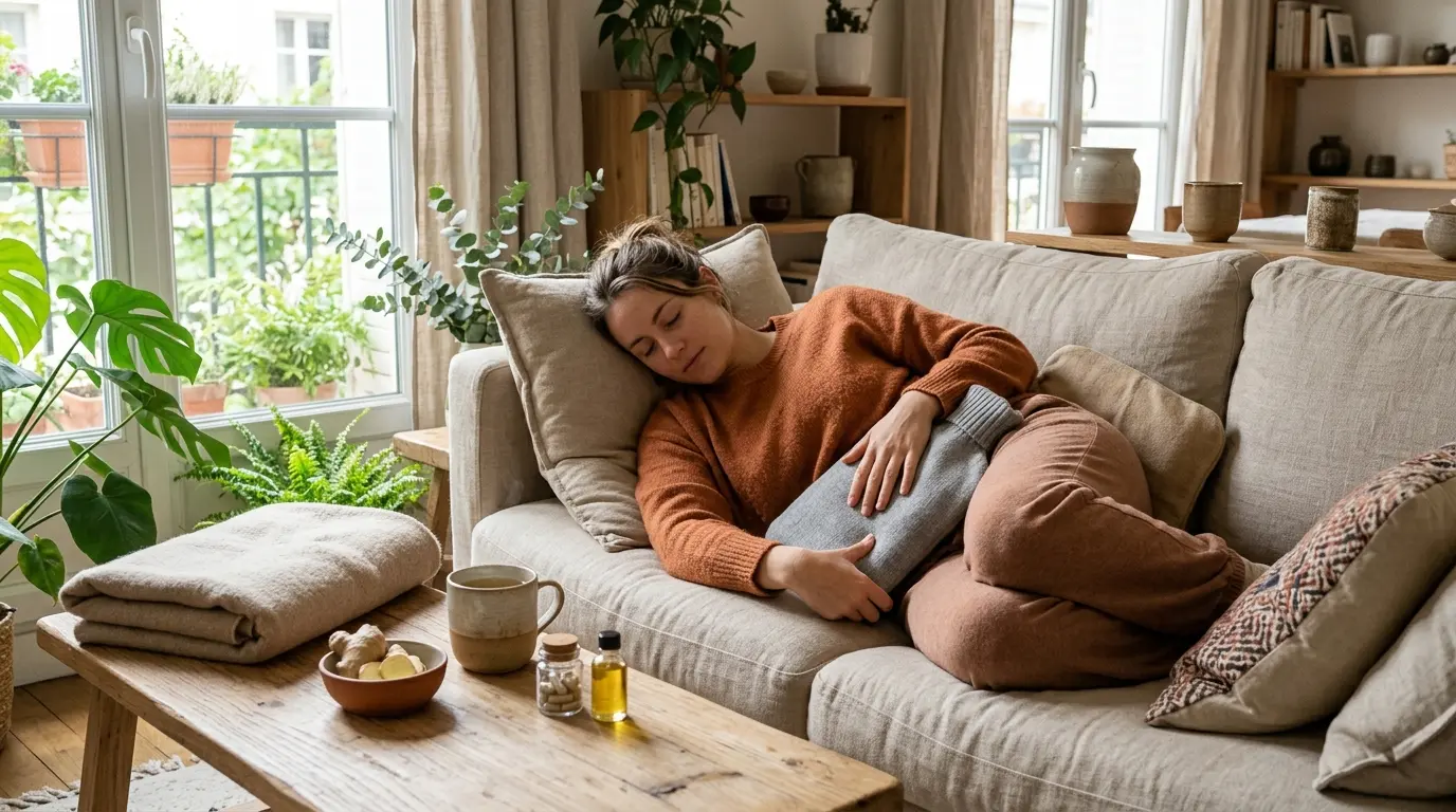 Femme relaxée sur un canapé avec un coussin chauffant, préparant des remèdes de grand-mère pour règle très douloureuse.