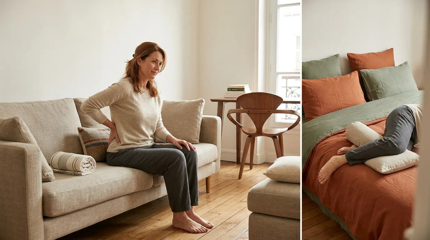 Adultes ajustant leur posture pour éviter la sciatique, avec coussins et lit bien aménagé pour un confort optimal.
