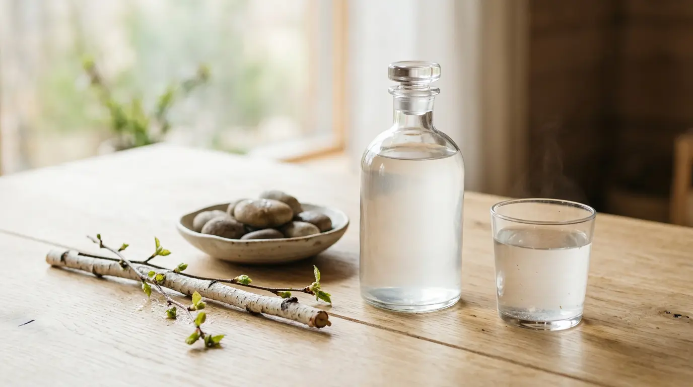 Bouteille et verre de sève de bouleau, branches de bouleau, pierres, ambiance zen, évoquant les bienfaits naturels.