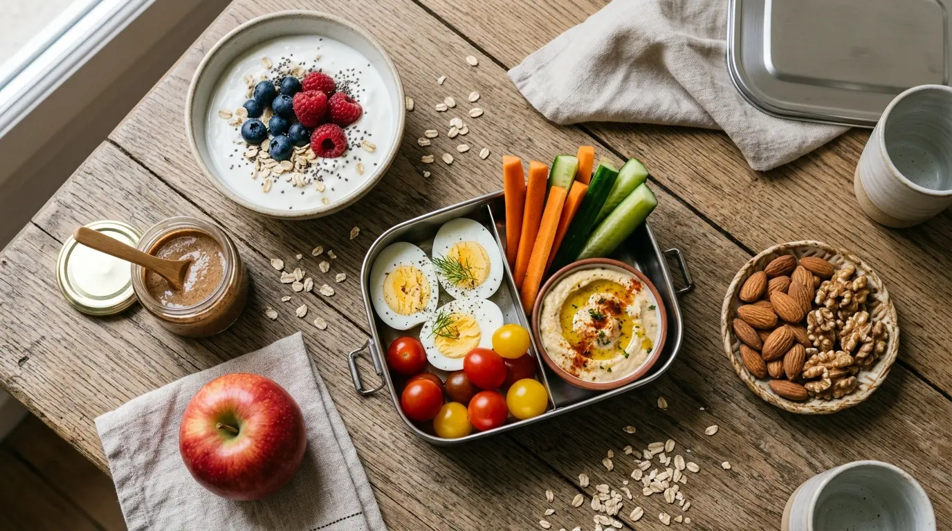 Flat-lay de snacks sains : skyr, fruits, œufs, hummus, noix et bento, sur une table en bois rustique, ambiance naturelle.