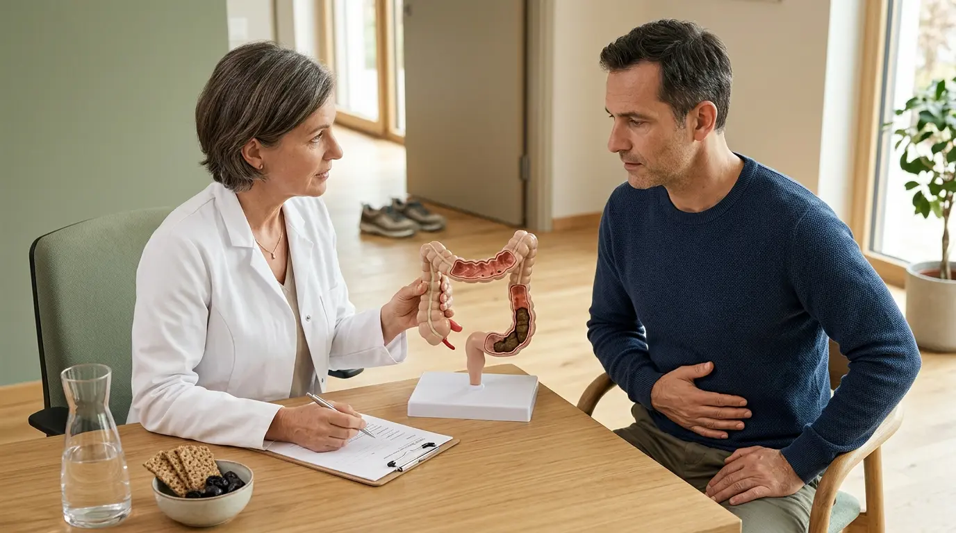 Consultation médicale sur la stase stercorale avec un médecin, un patient inquiet et des éléments de bien-être.