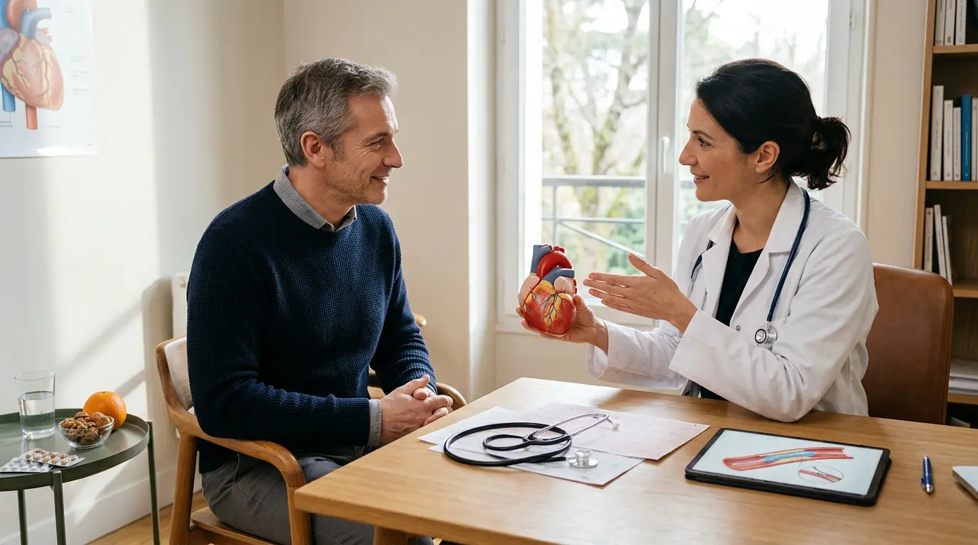 Patient serein en consultation cardiologique, écoutant un cardiologue montrant un modèle de coeur avec stent coeur, ambiance rassurante.
