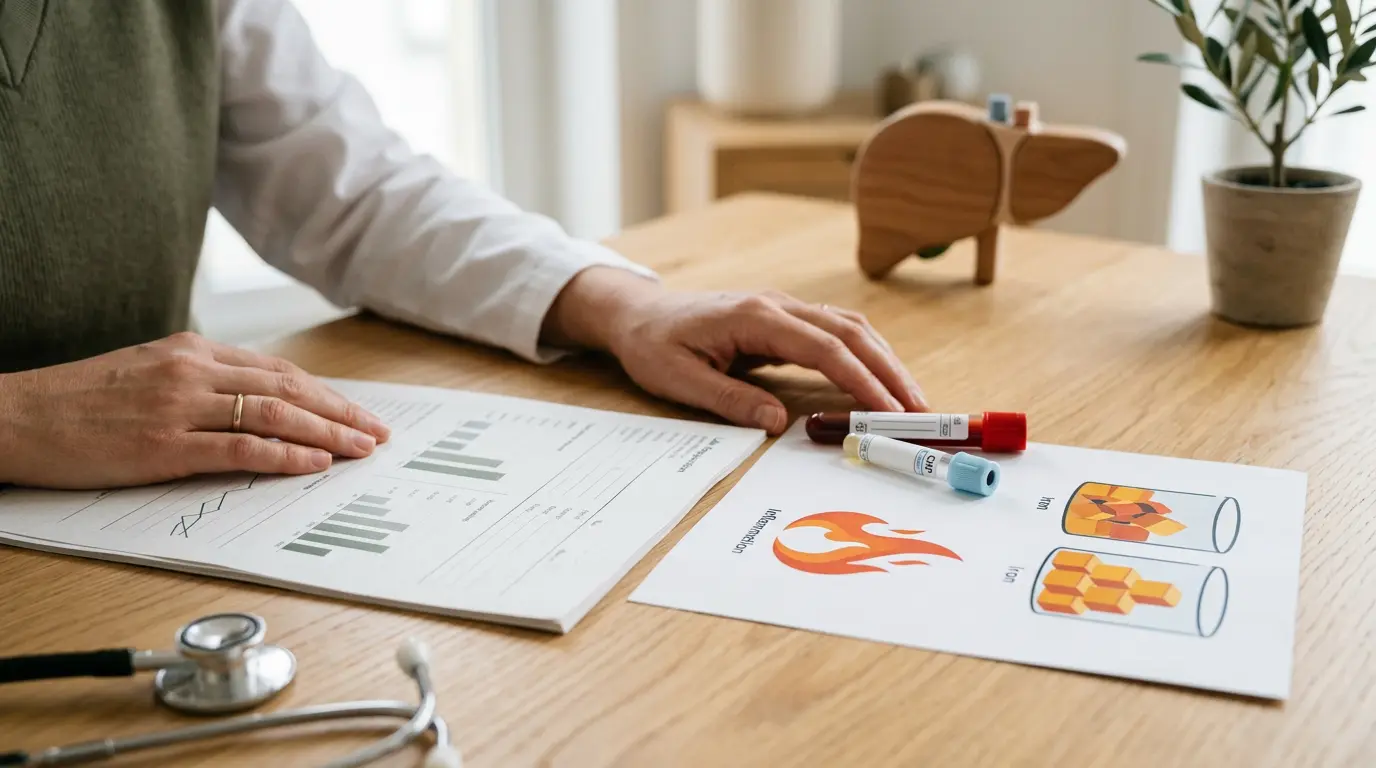 Clinicien examine un rapport de test sanguin sur le fer, illustrant les enjeux du trop de fer dans le sang dans une clinique.