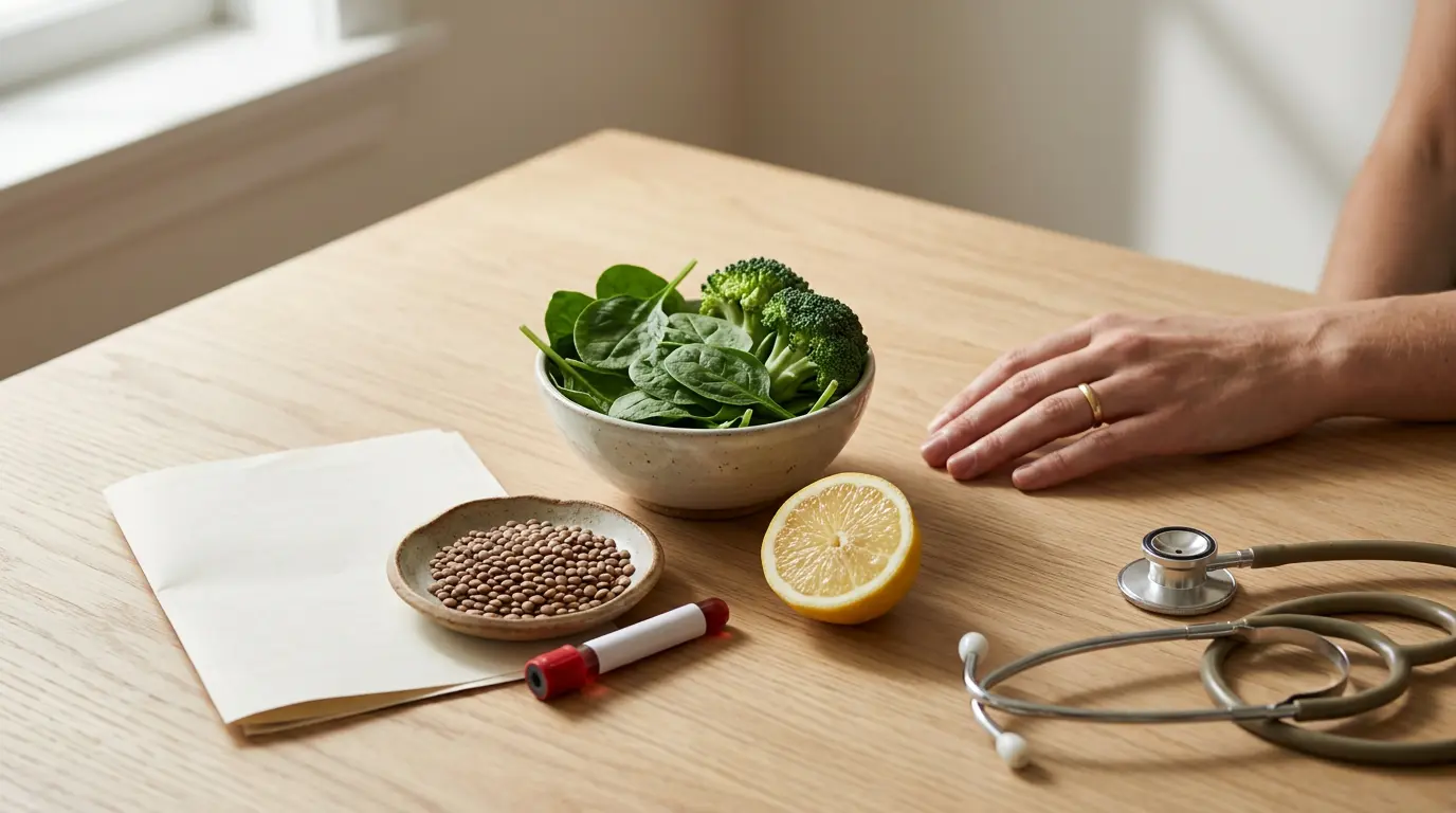 Bols de légumes frais et stéthoscope évoquent la vitamine B9 et fatigue dans une ambiance chaleureuse et apaisante.