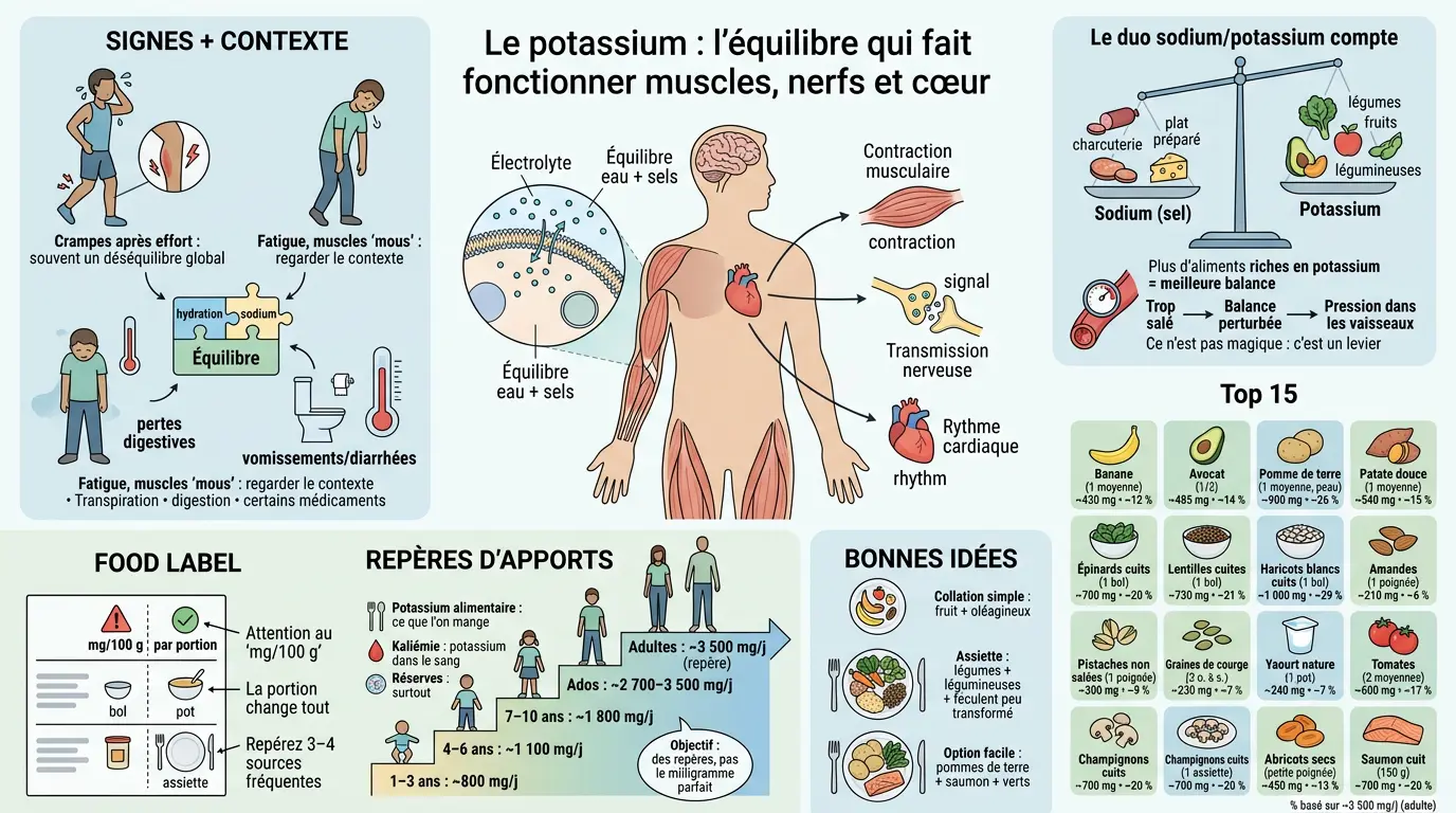 Infographie éducative sur le potassium, ses rôles dans le corps et les aliments riches en potassium pour un équilibre optimal.