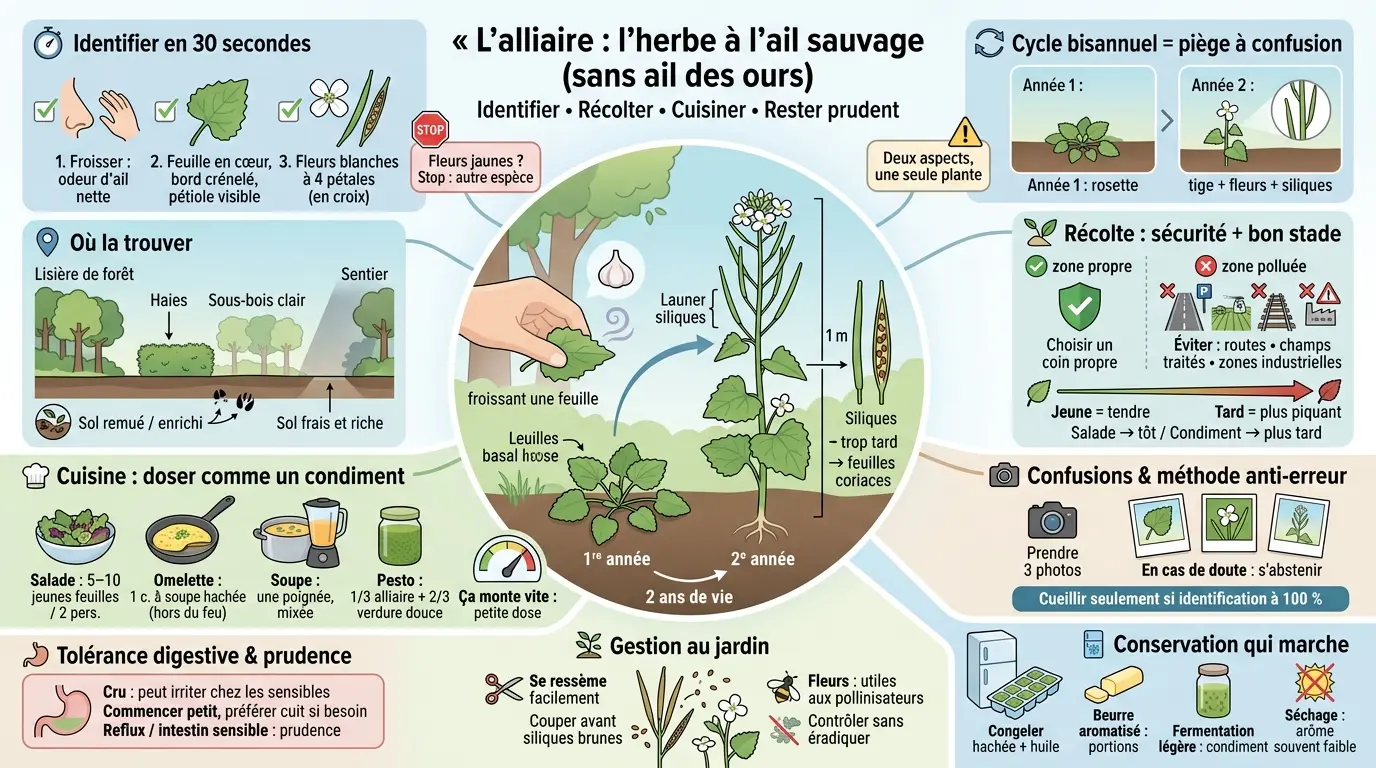 Infographie éducative sur l'alliaire, illustrant son identification, récolte, cuisine et précautions à prendre.